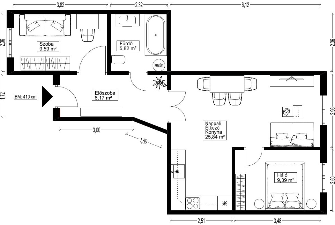 Berendezett méretezett alaprajz Fekete fehér (1) (1)