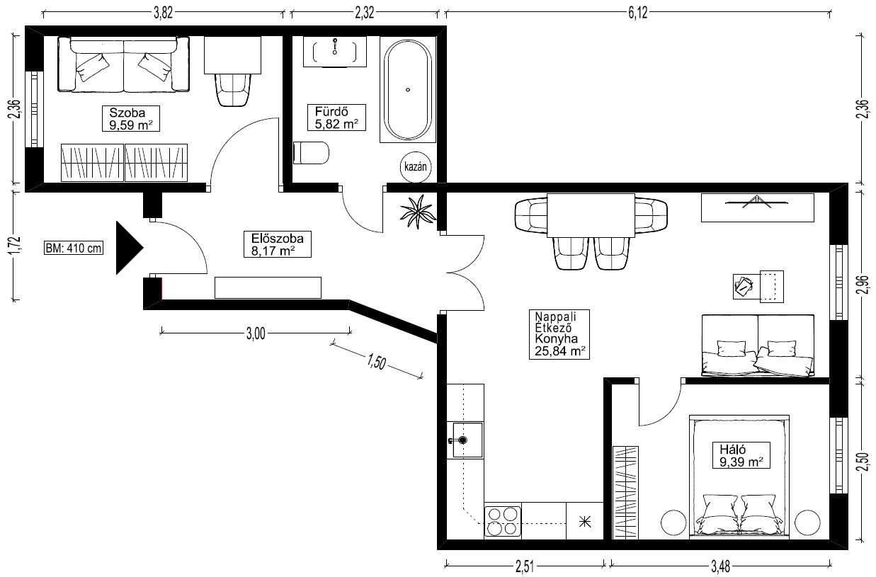 Berendezett méretezett alaprajz Fekete fehér (1) (1)